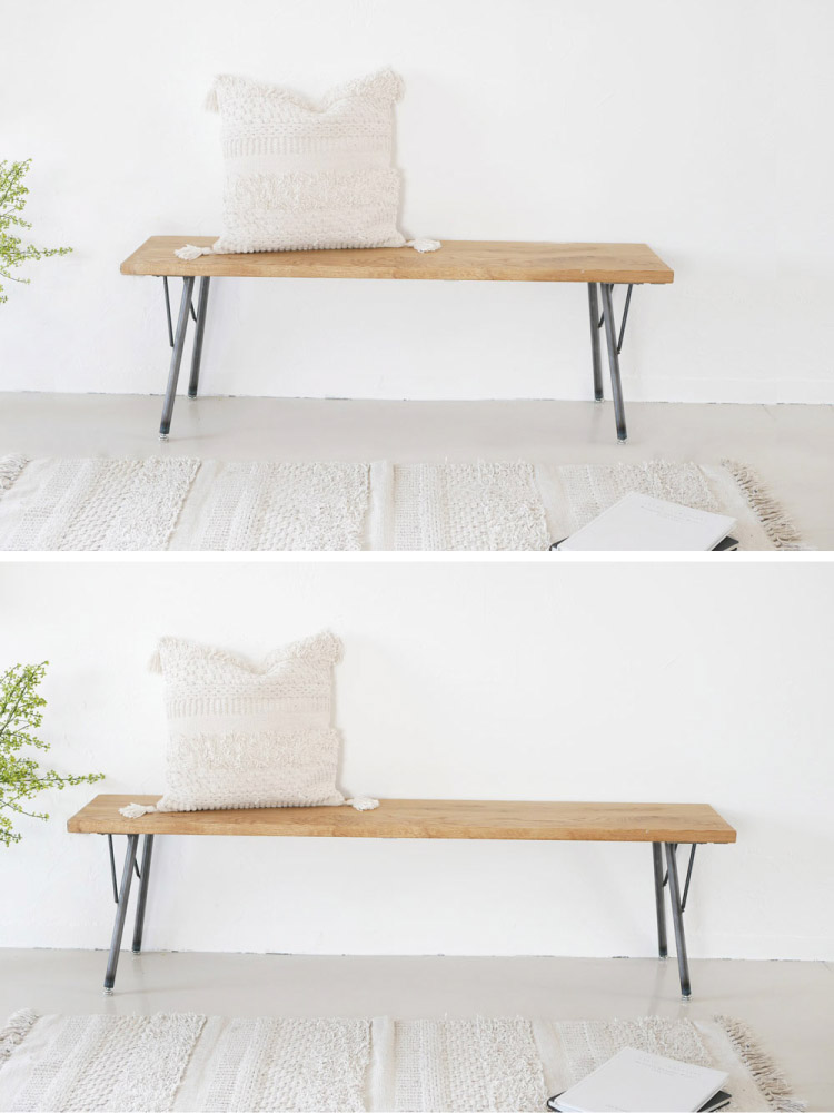 オーク無垢集成材の天板とクリアラッカー塗装された鉄脚を持つ、SIKAKU四角商店製の日本製ベンチ