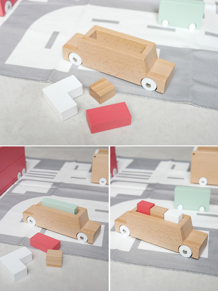 douブランドの木製消防車スケールモデルとブロック、布製マップがセットになったベビートイ