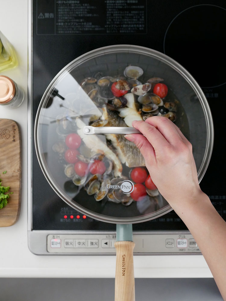 GREEN PANメイフラワー28cmフライパンとステンレスガラス蓋のセット、セラミックコーティングアルミ合金製キッチン用品