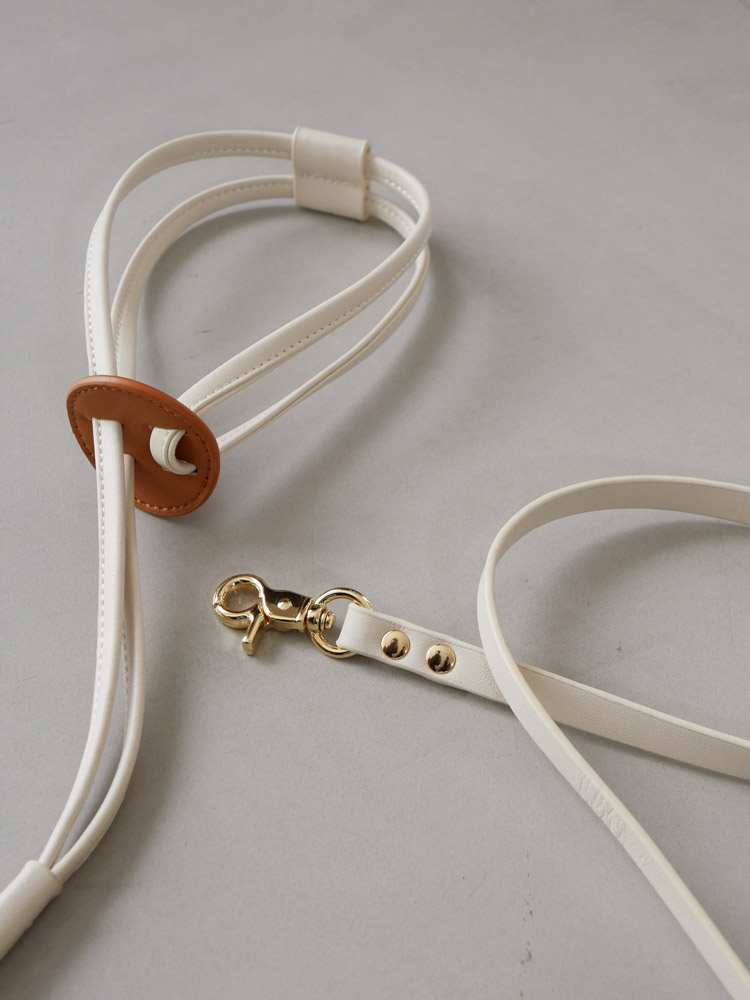 小型犬がホーンプリーズメイドのヴィーガンレザーハーネスを装着している様子