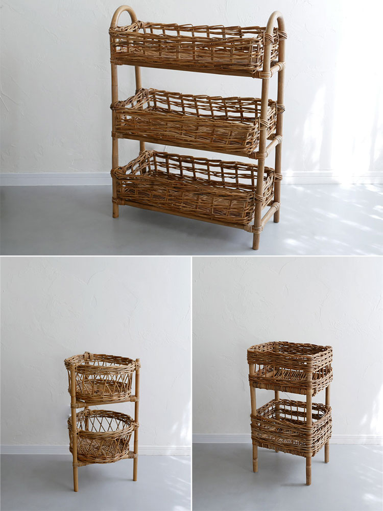 3段の皮付きラタンバスケット