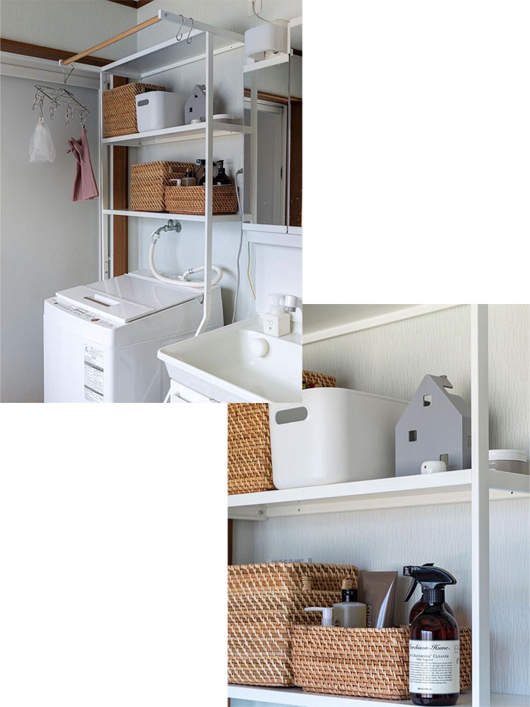 tower/Yamazakiの立て掛けランドリーシェルフ。スチールと天然木を使用したシンプルなデザインで、洗濯機横に設置できる収納棚