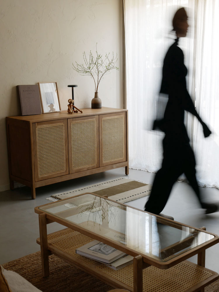 サンフラワーラタン製120cmラタンとチークのキャビネット