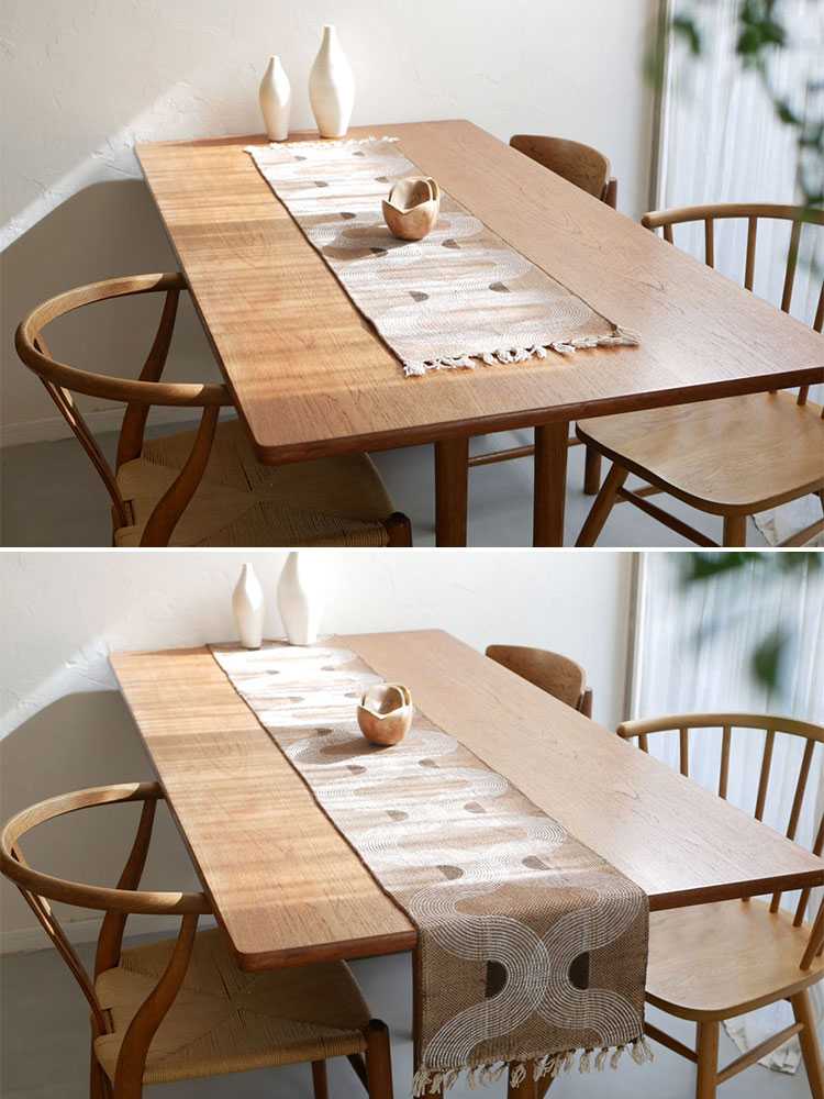 コットン100％のテーブルファブリックが敷かれたダイニングテーブル
