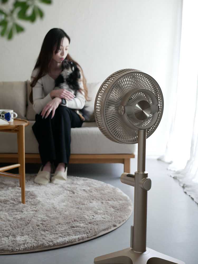 シルバーのカモメファン+C liteが木製床に設置された家庭用扇風機